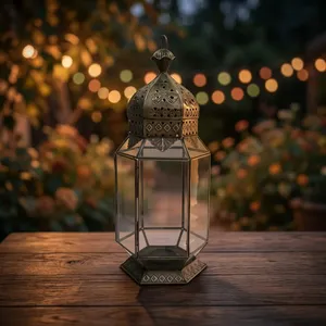Ornate Moroccan Style Metal and <b>Glass</b> Hexagon <b>Lantern</b> Outdoor Home Decoration Durable <b>Candle</b> Holder - Product Image 2