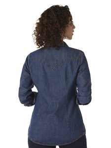 <b>Women's</b> Blue Denim <b>Shirt</b> Long Sleeve <b>Cowboy</b> Collar Button Front Casual Eco-Friendly Waterproof Breathable Vintage Style - Product Image 4