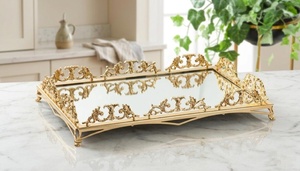 Rectangular Gold Plated Storage <b>Tray</b> With <b>Mirrored</b> Finish Classic Design For Table Use - Product Image 1