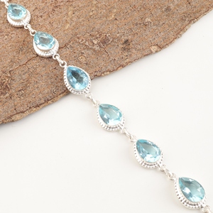 Pulsera de Topacio Azul Cielo en Plata de Ley 925 con Baño de Latón, Diseño de Tenis, Gema Tallada en Forma de Pera, Joyería de Moda Hecha a Mano - Product Image 3