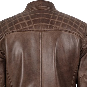 Veste en cuir véritable marron pour homme, col rabattu, fermeture éclair, deux poches, style décontracté automne - Product Image 4