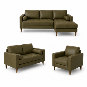 Ensemble de canapés en cuir vert olive, 3 places, 2 places, fauteuil, style moderne du milieu du siècle, ensemble de meubles pour salon, ensemble de salon - Product Image 2