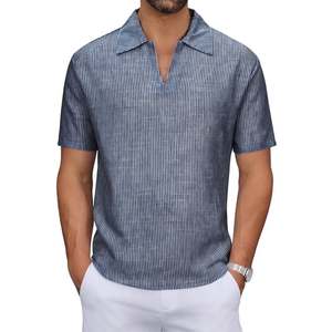 Chemise tricotée rayée pour homme, style décontracté, motif bleu et blanc, coupe classique, polyester/coton respirant, manches courtes - Product Image 1