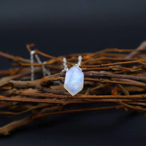 <b>Rainbow</b> Moonstone Hexagon Pendant Silver Finish Boho Necklace Healing Crystal Natural Stone Dainty Jewelry - Product Image 1