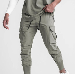 Men's Olive Green Cargo Jogger Pants Elastic Waist Drawstring Closure Multiple Pockets Breathable Casual Streetwear Style - Product Image 1