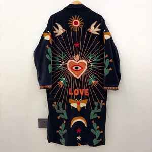 Manteau en velours Suzani, veste longue en coton brodée de fleurs, manteau d'hiver bohème - Product Image 6