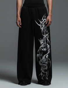 Pantalon ample surdimensionné pour femme, personnalisé en usine, style vintage délavé à l'acide, brodé, effet usé, taille élastique, avec plumes - Product Image 2