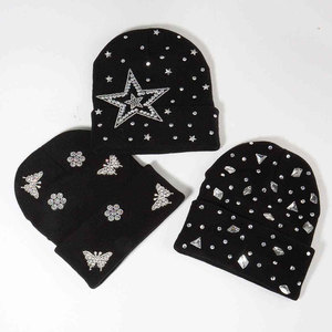 Unisex Black Beanie <b>Hat</b> With Rhinestone Decoration Casual Winter Knit <b>Cap</b> For Adults 56-58CM Head Circumference - Product Image 4