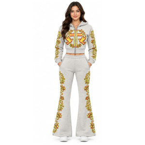 Women's Gray Floral Printed Hooded Tracksuit Set Full Sleeve Zipper Front Casual Spring Wear Sweatshirt And <b>Pants</b> Outfit - Product Image 2