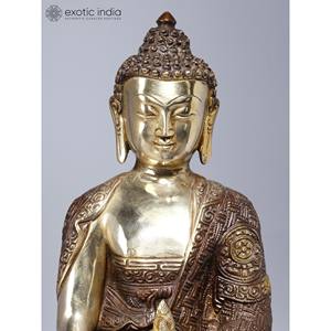 Sculpture en laiton de 12 pouces de bouddha de la médecine avec des symboles Ashtamangala sur une œuvre d'art historique élégante - Product Image 3