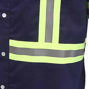 Chemise de travail réfléchissante haute visibilité bleu marine pour homme, manches longues avec bandes jaunes argentées, en coton - Product Image 4