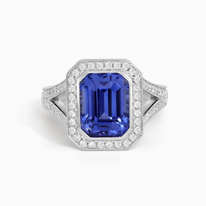 6.57 CT <b>Silver</b> <b>Emerald</b> Cut Moissanite & Diamond Halo Prong Setting Split Shoulder <b>Ring</b> Rhodium Plated Anniversary Party - Product Image 1