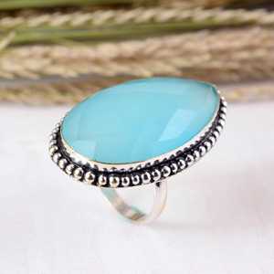 SHYAM JEWELRS Teardrop Aqua Chalcedony <b>Silver</b> Rose Cut Statement <b>Ring</b> Vintage Tribal Beaded Edge Design <b>Boho</b> Hippie Unisex - Product Image 4