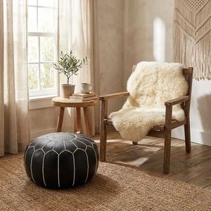 Black Moroccan Leather Adjustable Modern Pouf Ottoman Handmade Embroidered Floor <b>Cushion</b> Decorative Footstool Hotel Apartment - Product Image 1