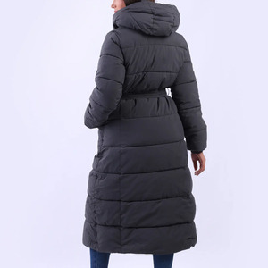 Women's Long Quilted Hooded Puffer Jacket With Belt Closure <b>Thick</b> <b>Winter</b> <b>Coat</b> Full Sleeve Solid Color Polyester Wadding - Product Image 3