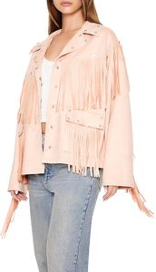 Premium Pink Women Fringe Lambskin Leather Jacket Fashion Genuine Leather Western Jacket Sample And Customization Available - Product Image 2