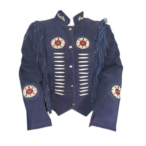 Veste en daim bleu à franges avec patchs perlés, col montant, manches longues, longueur standard, broderie à la main, pour femme, automne - Product Image 1