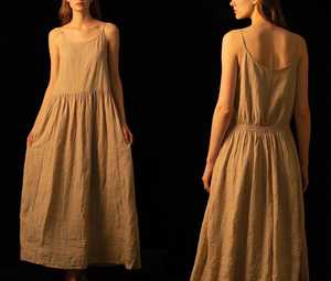 Linen Spaghetti-Strap Maxi Dress with Back Elastic Waist Summer Sundress Boho <b>Beach</b> Linen Maxi Dress for Women Handmade Dress - Product Image 2