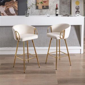 Set di 2 Sgabelli da Bar Moderni Color Crema, 30 Pollici, Design Semplice Antico con Poggiapiedi e Base Cromati, Velluto + Gambe Dorate - Product Image 5
