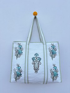 Fashionable <b>White</b> Cotton Tote <b>Bag</b> With Blue Floral Embroidery Panelled Bohemian Style Open Top Shopping <b>Bag</b> For Women All Season - Product Image 1