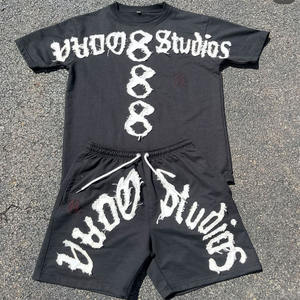 Conjunto de Camiseta y Pantalones Cortos Casuales de Algodón para Hombre, 250 GSM, Jersey, Estampado Desgastado, Camiseta y Pantalones Cortos Extra Grandes - Product Image 1