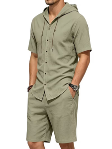 Men Solid Color Hooded Button-Up Shirt Set Elastic Waist Shorts Casual Summer Breathable Polyester/Cotton 200g Knitted Fabric - Product Image 3