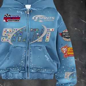 Sweat à capuche pour homme personnalisé, style streetwear, délavé à l'acide, 100% coton, style décontracté, patch brodé et strass, impression graphique DTG - Product Image 2