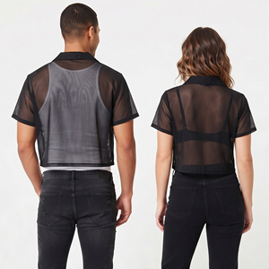 Unisex Sheer <b>Mesh</b> Button Down <b>Shirt</b> Short Sleeve Transparent Casual Crop Top Spring Summer Fashion Style See Through Crop <b>Shirt</b> - Product Image 2