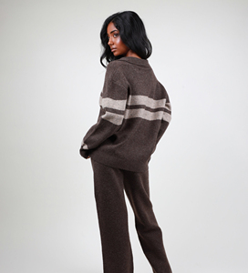 Pull en tricot rayé marron pour femme, col polo, col en V, épaules tombantes, pull décontracté - Product Image 6