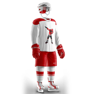 Maillot de hockey sur glace personnalisé, vêtements de sport avec design professionnel, accompagné de shorts et d'équipements de protection pour les joueurs. - Product Image 1