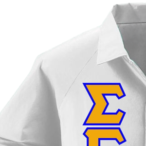 <b>White</b> Women's Greek Letter Embroidered Knitted Breathable <b>Button</b> Jacket Gold Applique Letters Blue Outline Collegiate Crest Logo - Product Image 4