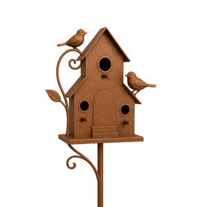 Poteau décoratif de jardin en métal style vintage avec nichoir à oiseaux et oiseau décoratif, pour décoration extérieure de jardin - Product Image 3
