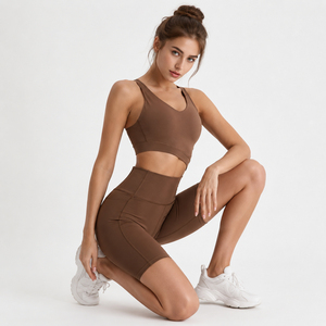 Sleeveless <b>Crop</b> <b>Top</b> Short Leggings Yoga 2 Piece Set Gym Fitness Short Length 2 Pcs Set Yoga Exercise Racerback & Shorts Set - Product Image 3