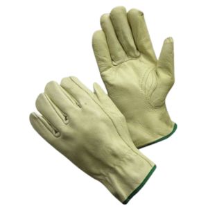 Gants de conduite en cuir grainé beige avec paume renforcée et bordure verte, résistants à l'abrasion, gants de sécurité pour le travail, directement de l'usine - Product Image 1
