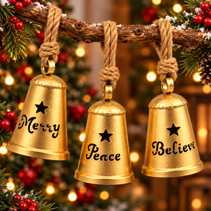 Campanas Navideñas de Metal Dorado con Inscripción 'Merry Peace Believe', Recortes de Estrellas y Colgadores de Cuerda de Yute Trenzada - Product Image 2