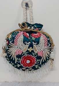 Traditional Indian Fashion Women's Mini Potli <b>Bag</b> Peacock Embroidery Pearl Decoration 9x9 Inches Drawstring Closure High Quality - Product Image 3