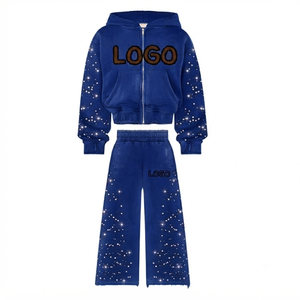 Custom Kids Rhinestone Tracksuit 100 Percent Cotton <b>Zip</b> Up Hoodie Wide Leg Sweatpants Set Winter Streetwear OEM - Product Image 4