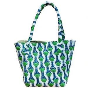 Women Quilted Cotton <b>Mini</b> Shopper Bag Handmade Printed Tote Bag Reusable Grocery Handbag Lightweight Travel Lunch Bag - Product Image 2