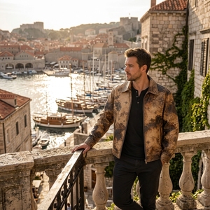 Blouson de motard en cuir imprimé cartographique pour homme, col rabattu, fermeture éclair, veste de moto personnalisée haut de gamme, vente en gros - Product Image 5
