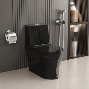 Inodoro Moderno de Cerámica Negra de Una Pieza, Montado en el Suelo, con Doble Descarga, Ecológico, Fácil de Limpiar, Cierre Lento, 2 Años de Garantía, para Baño de Villa - Product Image 1