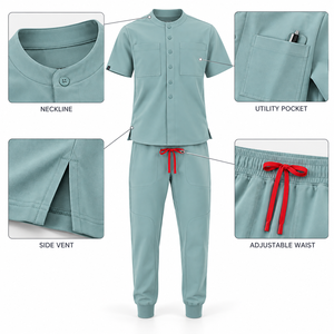 Conjunto de Uniforme Médico Unisex de Algodón y Poliéster Color Verde Azulado, Manga Corta, Cuello Alto, Botones al Frente, Pantalones Tipo Jogger, Uniforme de Hospital - Product Image 6