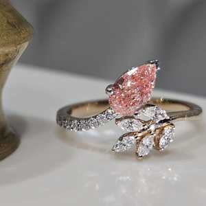 Lab Grown Vivid Pink 1.01CT Pear Cut Diamond Plant Leaf Shapes Ring 14K Yellow Gold Fine Engagement <b>Gift</b> Perfect Party <b>For</b> <b>Her</b> - Product Image 1