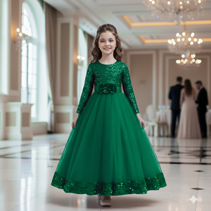 Robe de demoiselle d'honneur verte à sequins la plus vendue pour mariage, robe de soirée de luxe en velours brodé pour enfants, tenue de cérémonie pour événements formels - Product Image 5