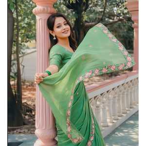 Sari brodé Elite Weaves Pista Green Pure Crush avec motifs floraux multicolores et bordure ajourée pour mariages - Product Image 4