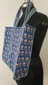 Traditional Blue Cotton Tote Bag with Floral Print Bohemian Style <b>Summer</b> Casual Open Top Shopping <b>Handbag</b> for Women - Product Image 3