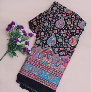 ผ้าเครปสีดำลายดอกไม้เพสลีย์พิมพ์ลายแบบชาติพันธุ์พร้อมขอบตกแต่งอย่างสวยงามสำหรับทำชุดคุर्ติ - Product Image 1