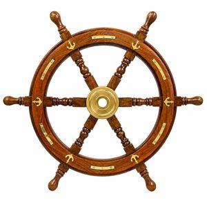 Natural <b>Wood</b> Handcrafted Ship Wheel with Brass <b>Anchor</b> Inlay and Rivets Ocean Maritime Nautical Navy Wall Decor - Product Image 1
