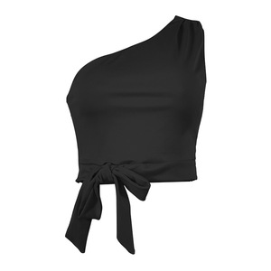 Haut court asymétrique en tricot pour femme avec nœud papillon, couleur unie, sans manches - Product Image 3