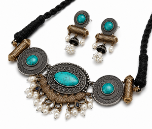 Parure de bijoux choker bicolore en laiton plaqué or antique, style bohème, avec cristaux et strass, pour fêtes, fiançailles et mariages, pour amoureux, pièce maîtresse - Product Image 6
