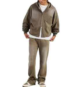 Custom Men's Vintage Patch Embroidery Stripe French Terry Acid Wash Hoodie Set Heavyweight <b>Zip</b>-<b>up</b> Sweatpants for Winter - Product Image 1